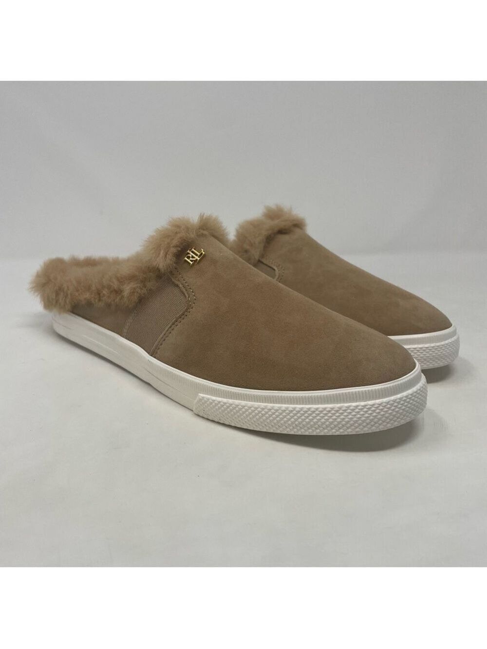 Nib Ralph Lauren Jinny Faux Fur Trim Suede Mule Slippers - Picture 6 of 11